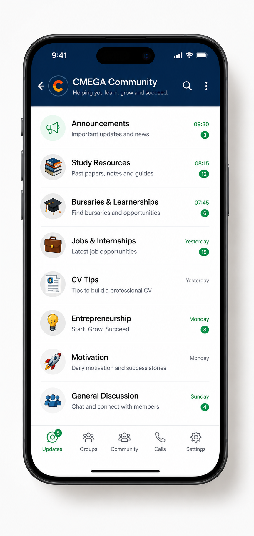 CMEGA community smartphone mockup